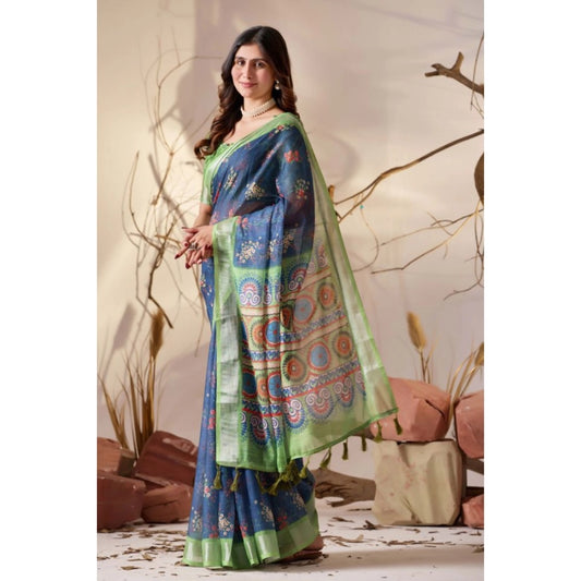 Generic Women's Faux_Linen Printed Saree With Unstitched Blouse 5.5Mtr (Navy_Blue)