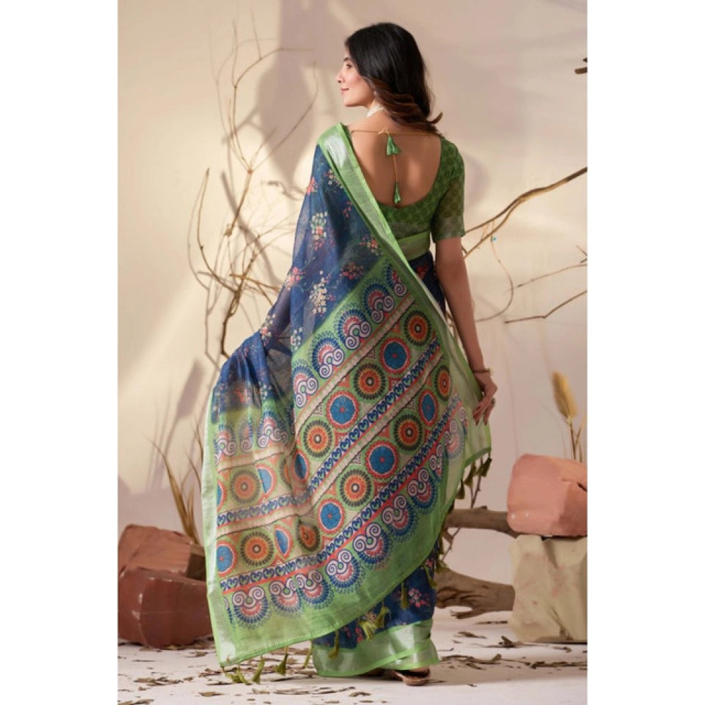 Generic Women's Faux_Linen Printed Saree With Unstitched Blouse 5.5Mtr (Navy_Blue)