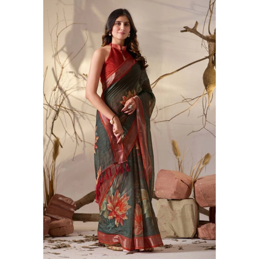 Generic Women's Faux_Linen Printed Saree With Unstitched Blouse 5.5Mtr (Dark_Green)