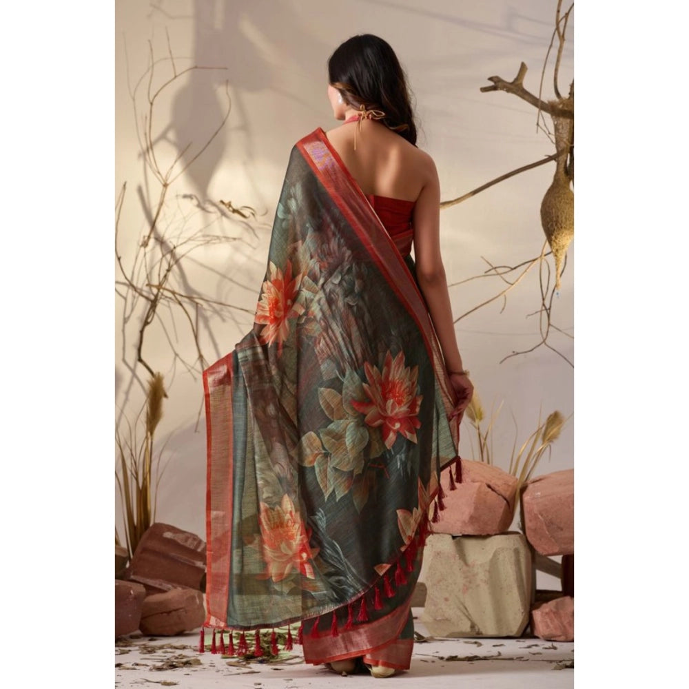 Generic Women's Faux_Linen Printed Saree With Unstitched Blouse 5.5Mtr (Dark_Green)