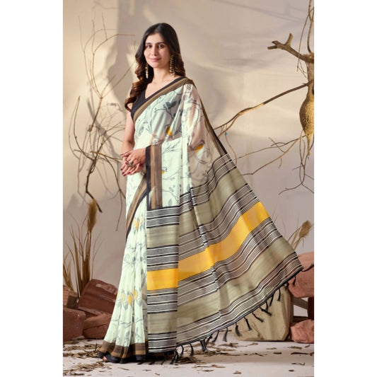 Generic Women's Faux_Linen Printed Saree With Unstitched Blouse 5.5Mtr (Light_Green)
