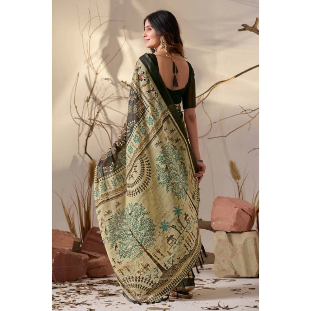 Generic Women's Georgette Printed Saree With Unstitched Blouse 5.5Mtr (Olive)