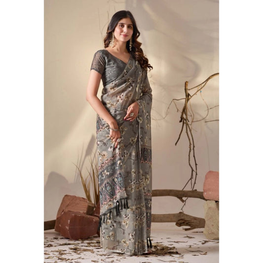 Generic Women's Georgette Printed Saree With Unstitched Blouse 5.5Mtr (Grey)