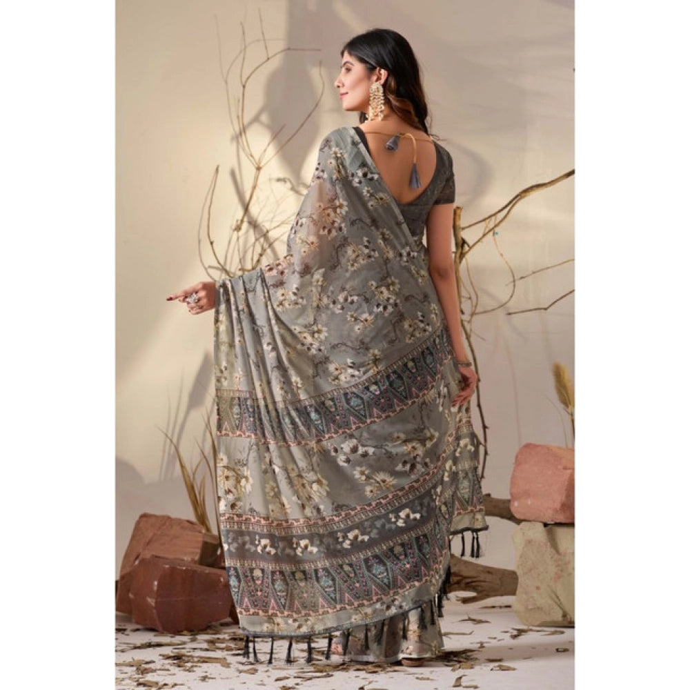 Generic Women's Georgette Printed Saree With Unstitched Blouse 5.5Mtr (Grey)