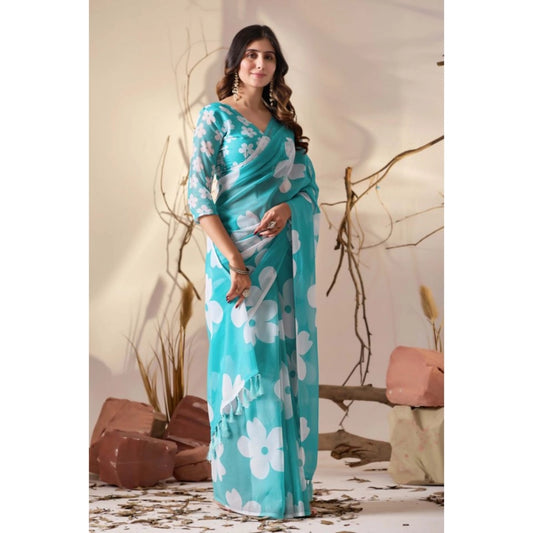 Generic Women's Georgette Printed Saree With Unstitched Blouse 5.5Mtr (Aqua_Blue)