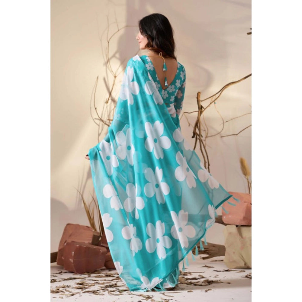 Generic Women's Georgette Printed Saree With Unstitched Blouse 5.5Mtr (Aqua_Blue)