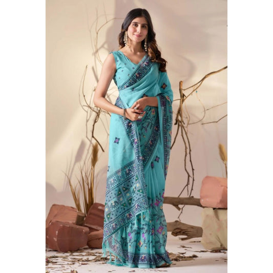 Generic Women's Georgette Printed Saree With Unstitched Blouse 5.5Mtr (Aqua_Blue)