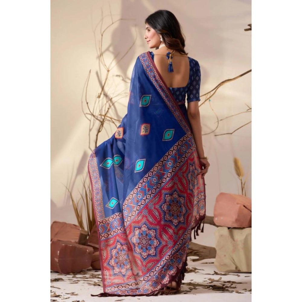 Generic Women's Georgette Printed Saree With Unstitched Blouse 5.5Mtr (Blue)