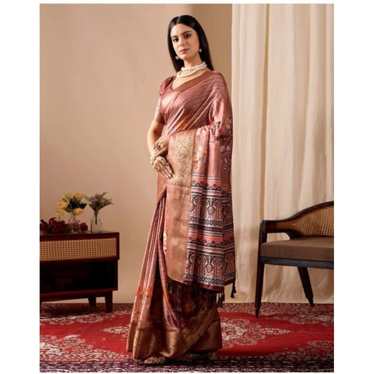 Generic Women's Faux_Silk Printed Saree With Unstitched Blouse 5.5Mtr (Brown)