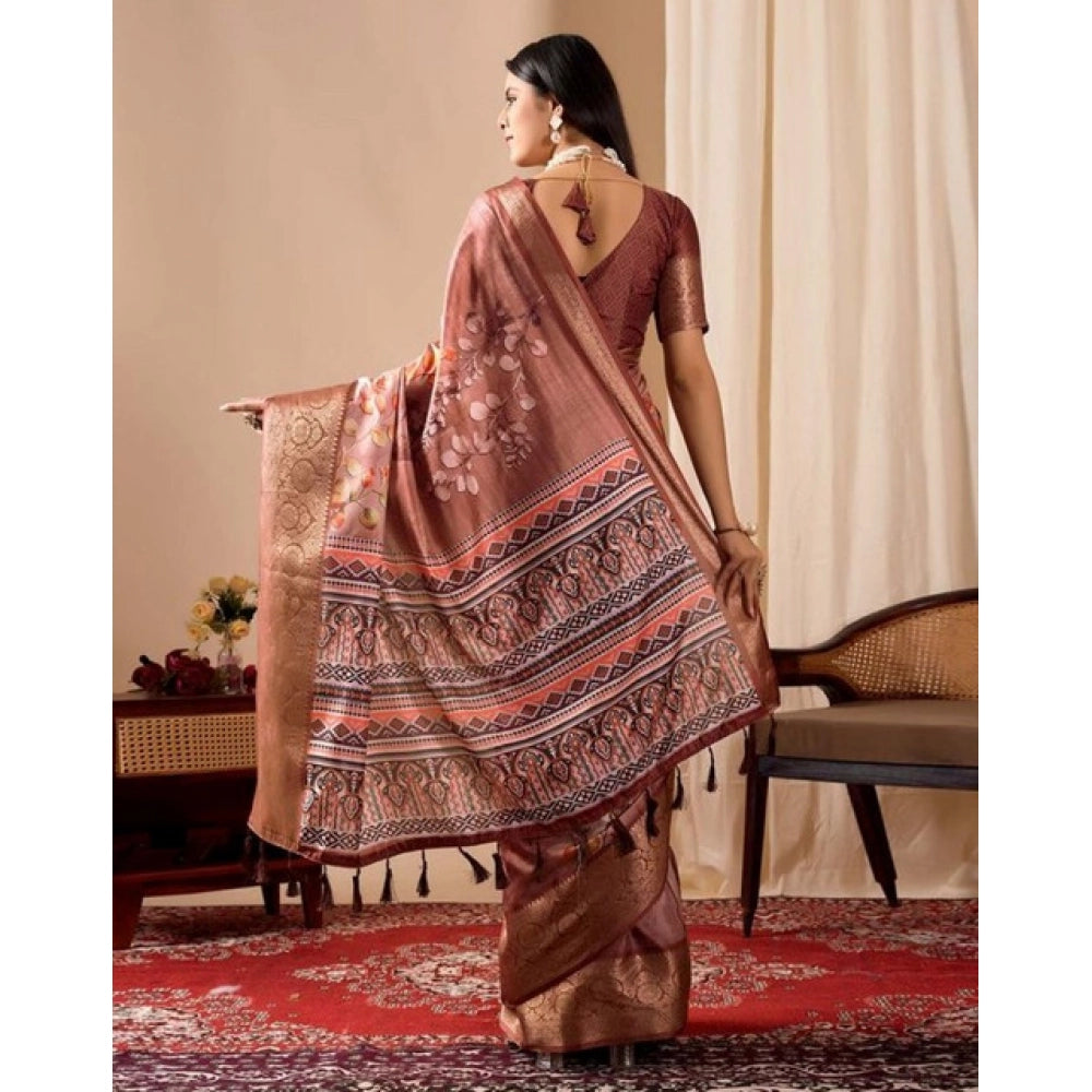 Generic Women's Faux_Silk Printed Saree With Unstitched Blouse 5.5Mtr (Brown)
