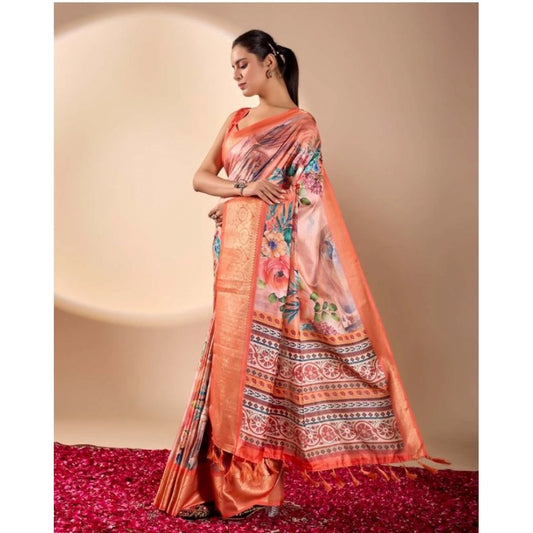 Generic Women's Faux_Silk Printed Saree With Unstitched Blouse 5.5Mtr (Peach)
