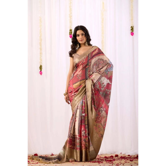 Generic Women's Faux_Silk Printed Saree With Unstitched Blouse 5.5Mtr (Beige)