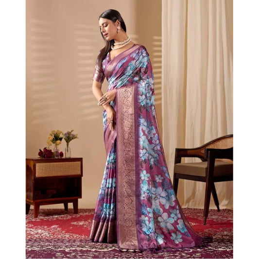 Generic Women's Faux_Silk Printed Saree With Unstitched Blouse 5.5Mtr (Blue)