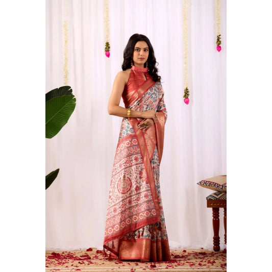 Generic Women's Faux_Silk Printed Saree With Unstitched Blouse 5.5Mtr (Off_White)