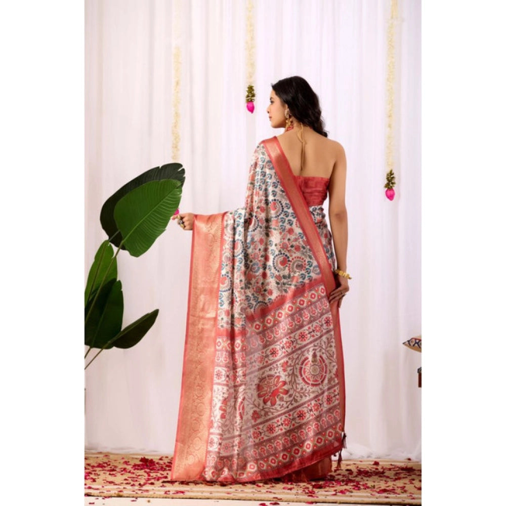 Generic Women's Faux_Silk Printed Saree With Unstitched Blouse 5.5Mtr (Off_White)