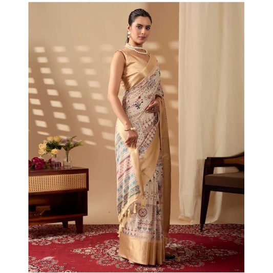 Generic Women's Faux_Silk Printed Saree With Unstitched Blouse 5.5Mtr (Beige)