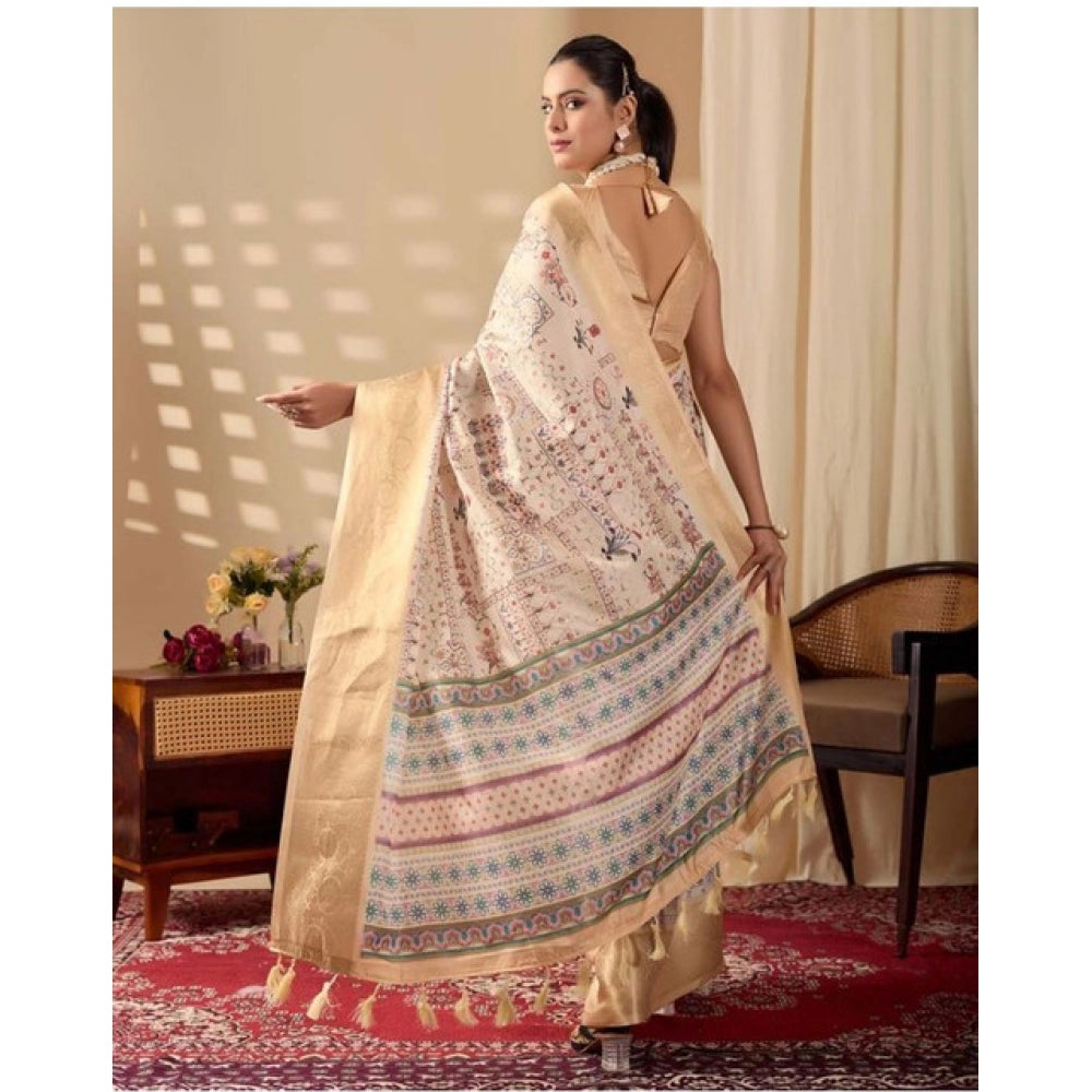 Generic Women's Faux_Silk Printed Saree With Unstitched Blouse 5.5Mtr (Beige)