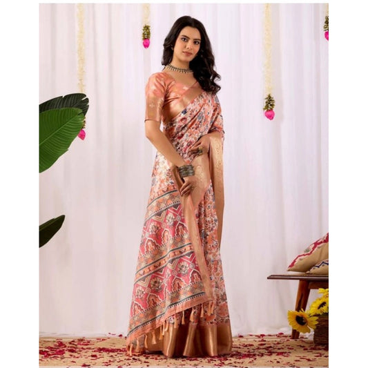 Generic Women's Faux_Silk Printed Saree With Unstitched Blouse 5.5Mtr (Peach)