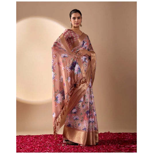 Generic Women's Faux_Silk Printed Saree With Unstitched Blouse 5.5Mtr (Peach)