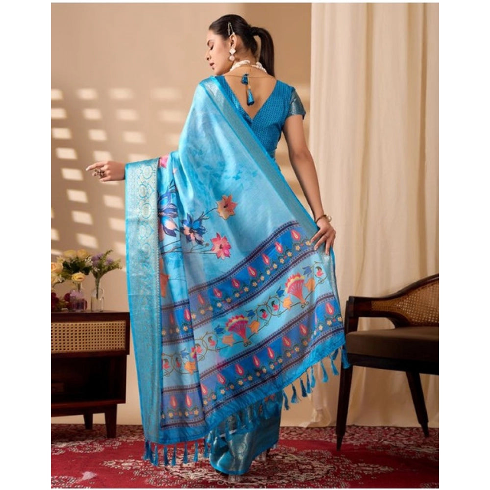 Generic Women's Faux_Silk Printed Saree With Unstitched Blouse 5.5Mtr (Sky_Blue)