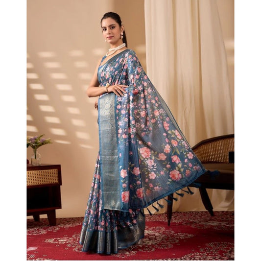 Generic Women's Faux_Silk Printed Saree With Unstitched Blouse 5.5Mtr (Blue)