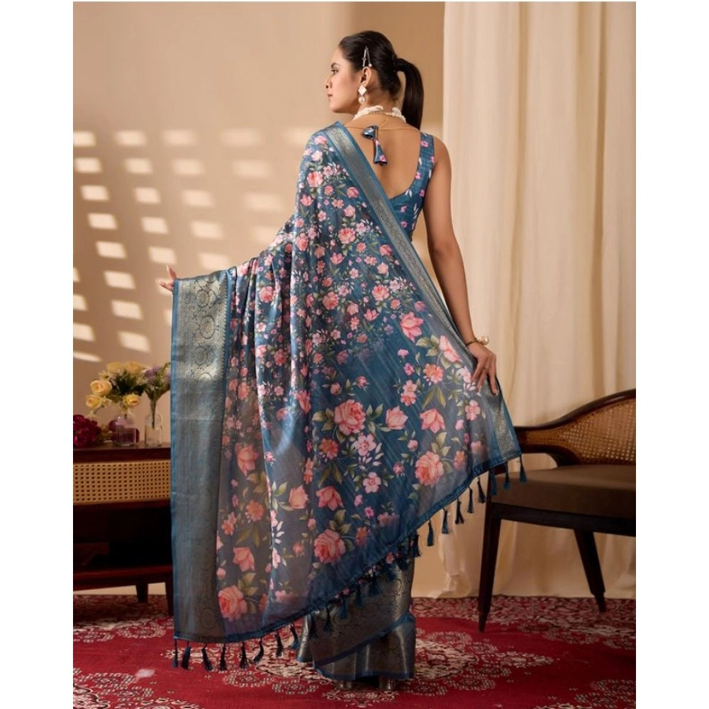 Generic Women's Faux_Silk Printed Saree With Unstitched Blouse 5.5Mtr (Blue)