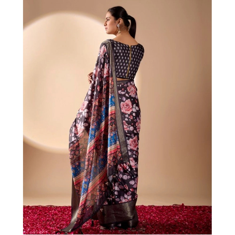 Generic Women's Faux_Silk Printed Saree With Unstitched Blouse 5.5Mtr (Blue)