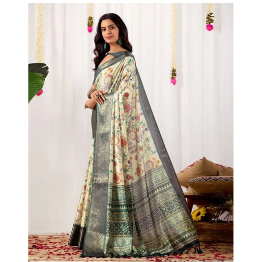 Generic Women's Faux_Silk Printed Saree With Unstitched Blouse 5.5Mtr (Off_White)