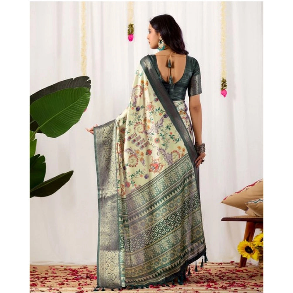 Generic Women's Faux_Silk Printed Saree With Unstitched Blouse 5.5Mtr (Off_White)