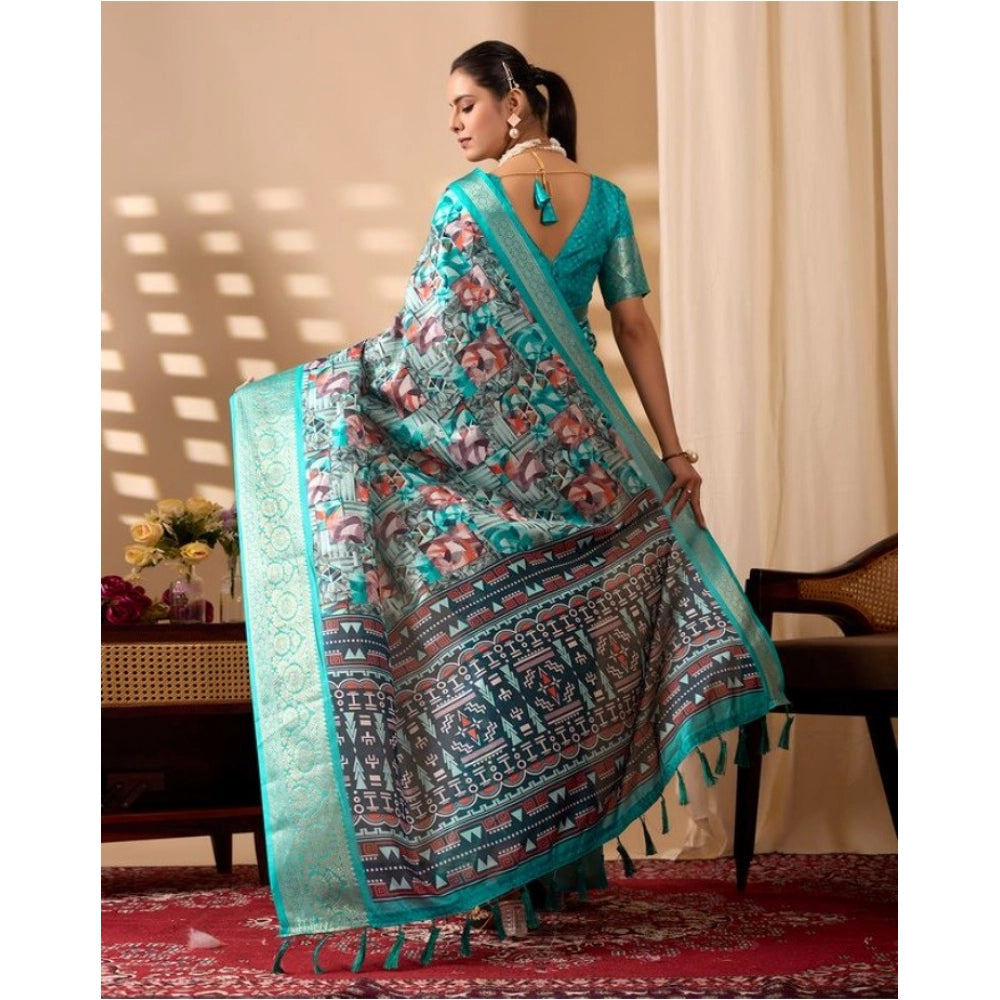 Generic Women's Faux_Silk Printed Saree With Unstitched Blouse 5.5Mtr (Turquoise)