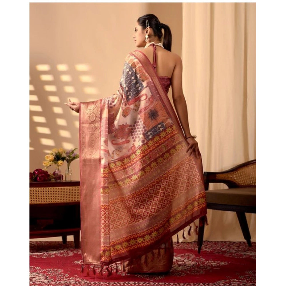 Generic Women's Faux_Silk Printed Saree With Unstitched Blouse 5.5Mtr (Peach)