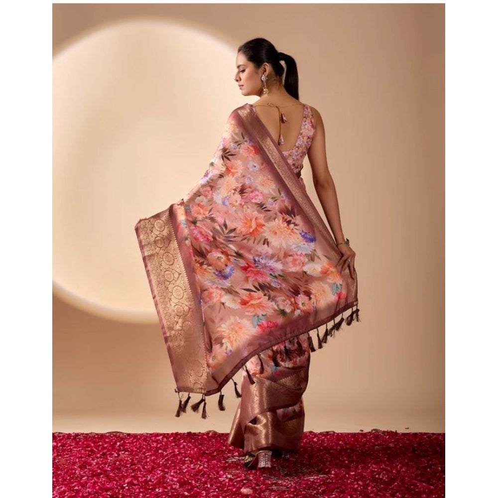 Generic Women's Faux_Silk Printed Saree With Unstitched Blouse 5.5Mtr (Peach)
