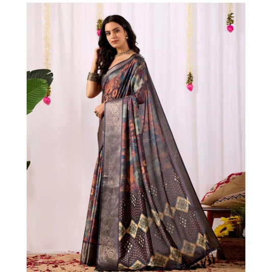 Generic Women's Faux_Silk Printed Saree With Unstitched Blouse 5.5Mtr (Navy_Blue)