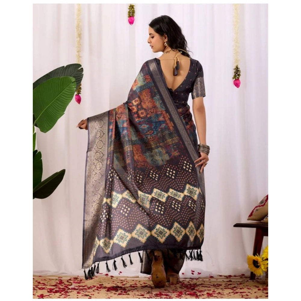 Generic Women's Faux_Silk Printed Saree With Unstitched Blouse 5.5Mtr (Navy_Blue)