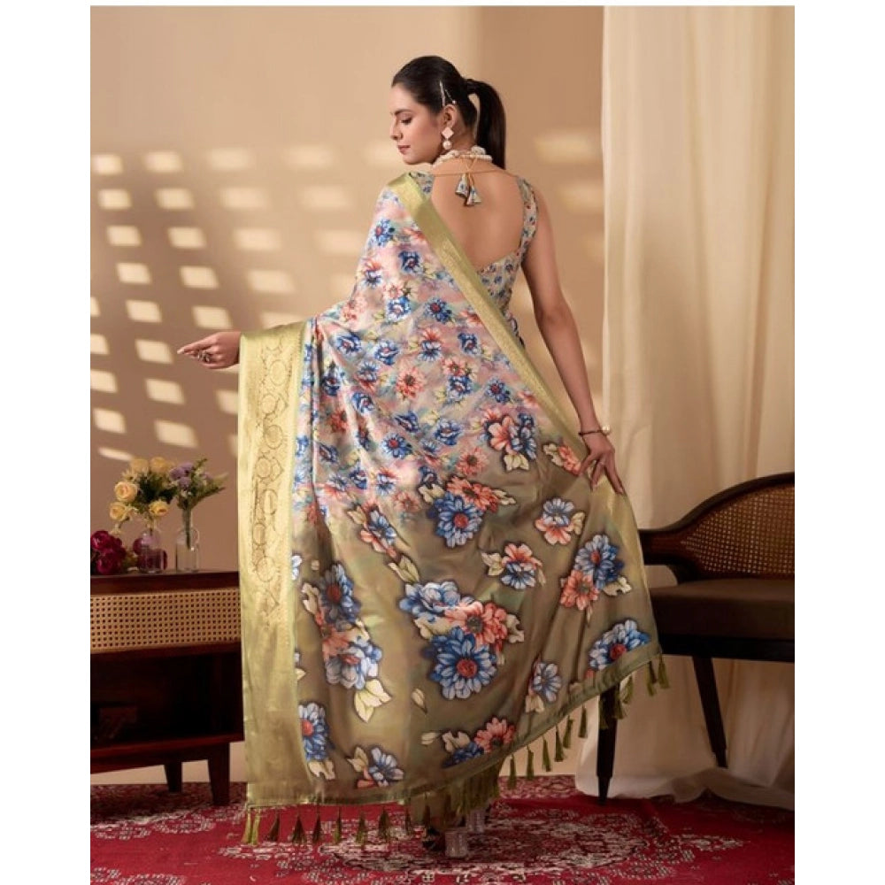 Generic Women's Silk_Blend Printed Saree With Unstitched Blouse 5.5Mtr (Olive)