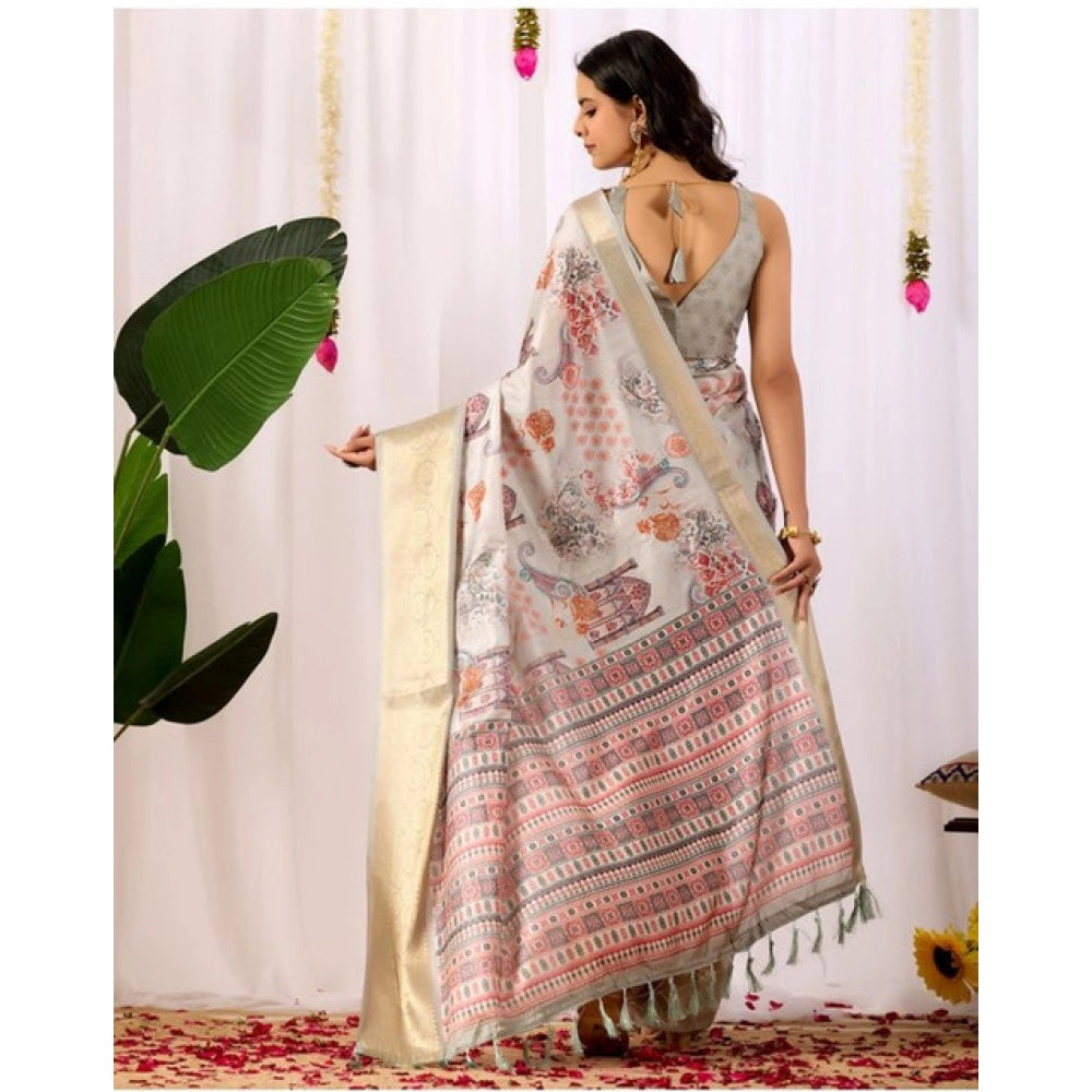 Generic Women's Faux_Silk Printed Saree With Unstitched Blouse 5.5Mtr (Grey)