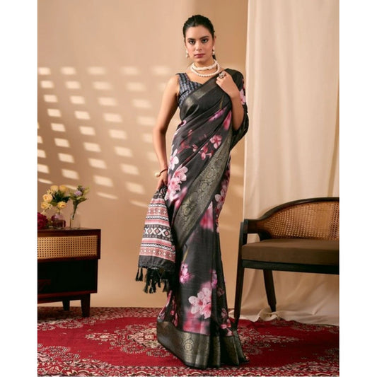 Generic Women's Faux_Silk Printed Saree With Unstitched Blouse 5.5Mtr (Black)