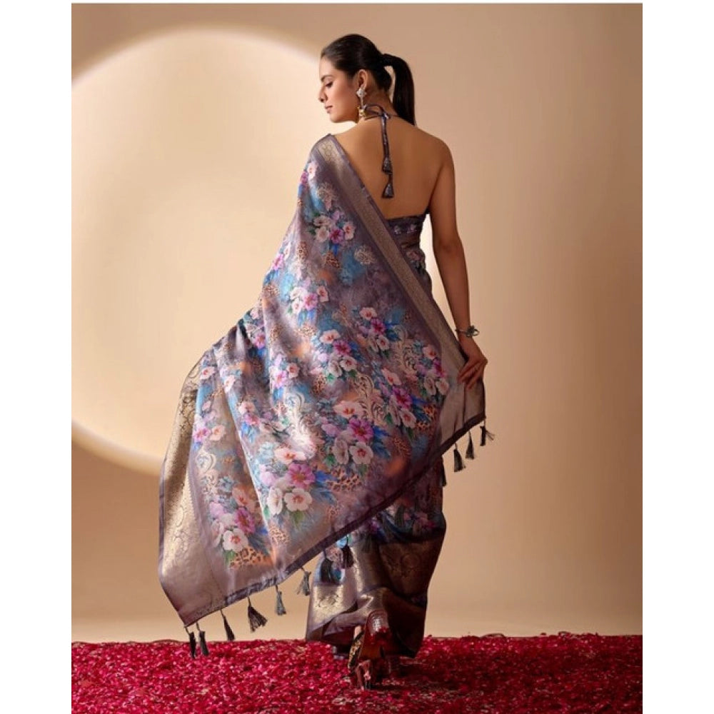 Generic Women's Faux_Silk Printed Saree With Unstitched Blouse 5.5Mtr (Grey)