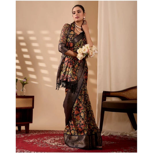 Generic Women's Faux_Banarasi Printed Saree With Unstitched Blouse 5.5Mtr (Black)