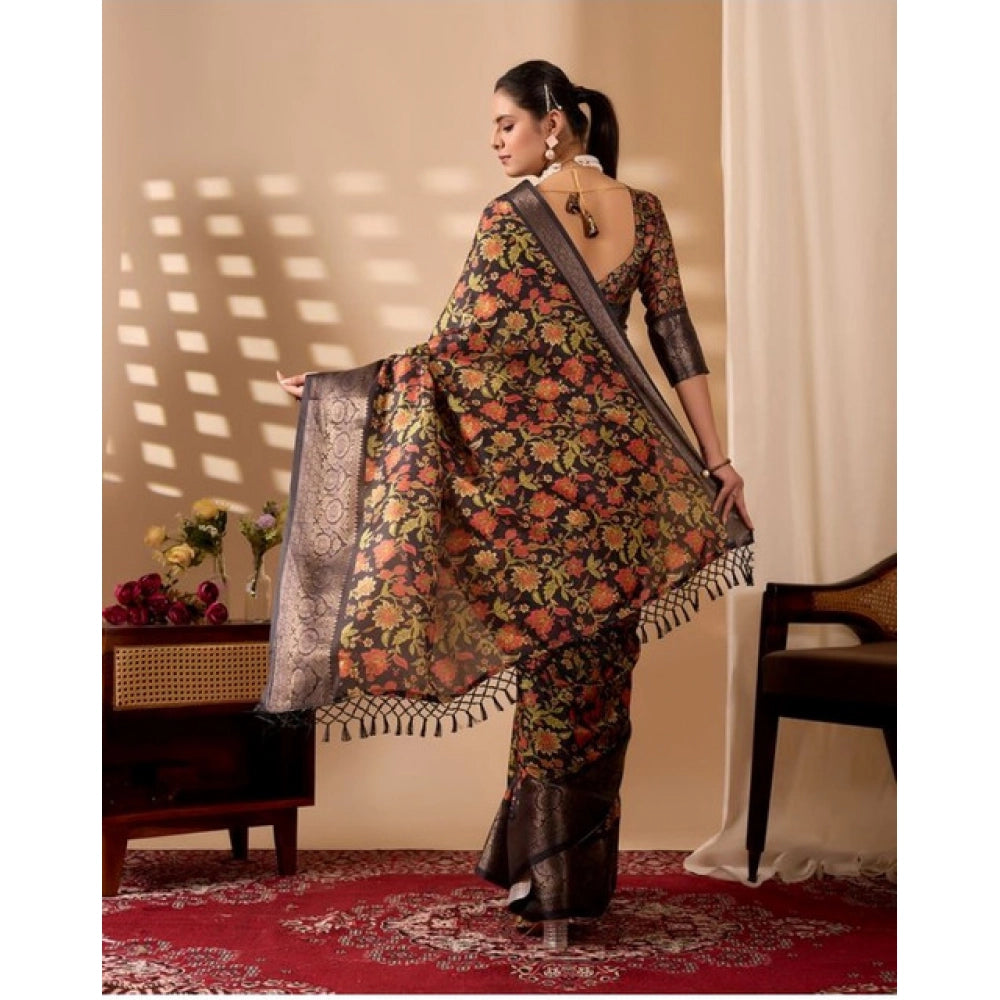 Generic Women's Faux_Banarasi Printed Saree With Unstitched Blouse 5.5Mtr (Black)