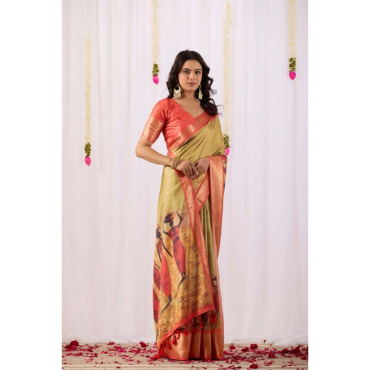 Generic Women's Faux_Silk Printed Saree With Unstitched Blouse 5.5Mtr (Olive)
