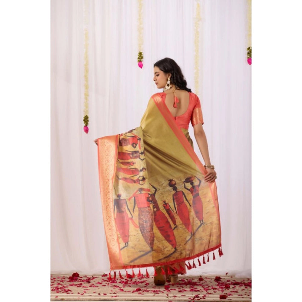 Generic Women's Faux_Silk Printed Saree With Unstitched Blouse 5.5Mtr (Olive)