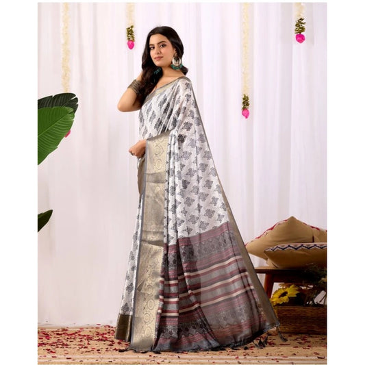 Generic Women's Faux_Silk Printed Saree With Unstitched Blouse 5.5Mtr (White)