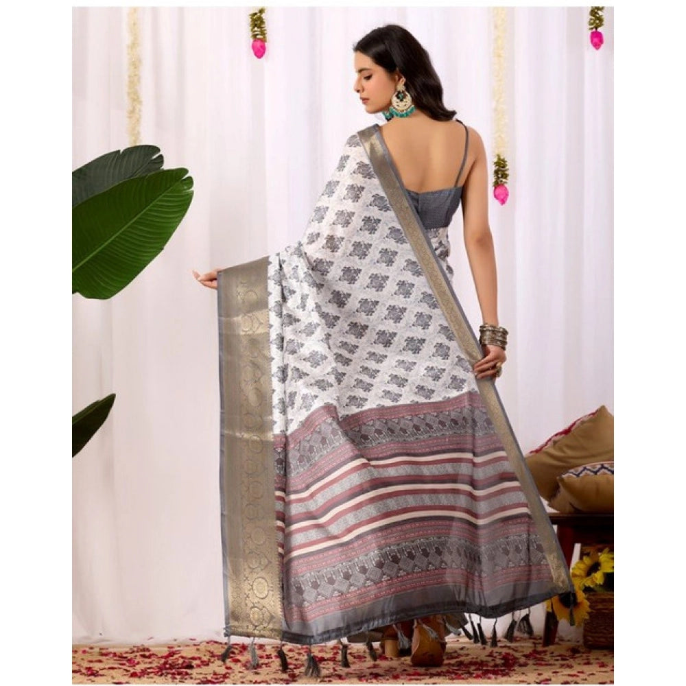 Generic Women's Faux_Silk Printed Saree With Unstitched Blouse 5.5Mtr (White)