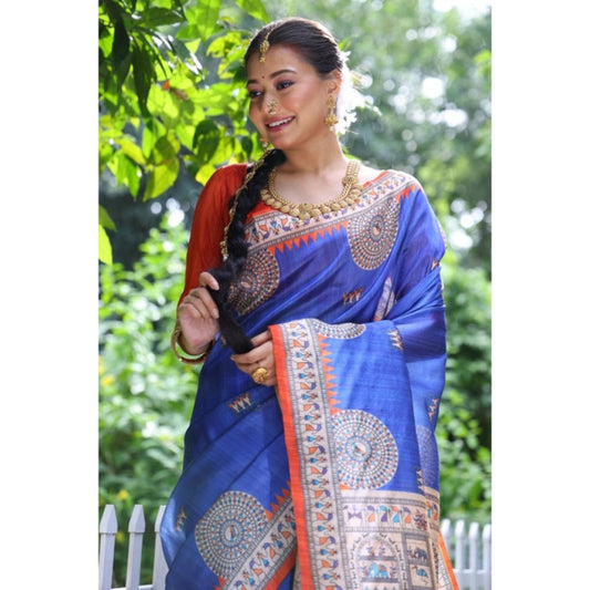 Generic Women's Faux_Tussar_Silk Printed Saree With Unstitched Blouse 5.5Mtr (Navy_Blue)