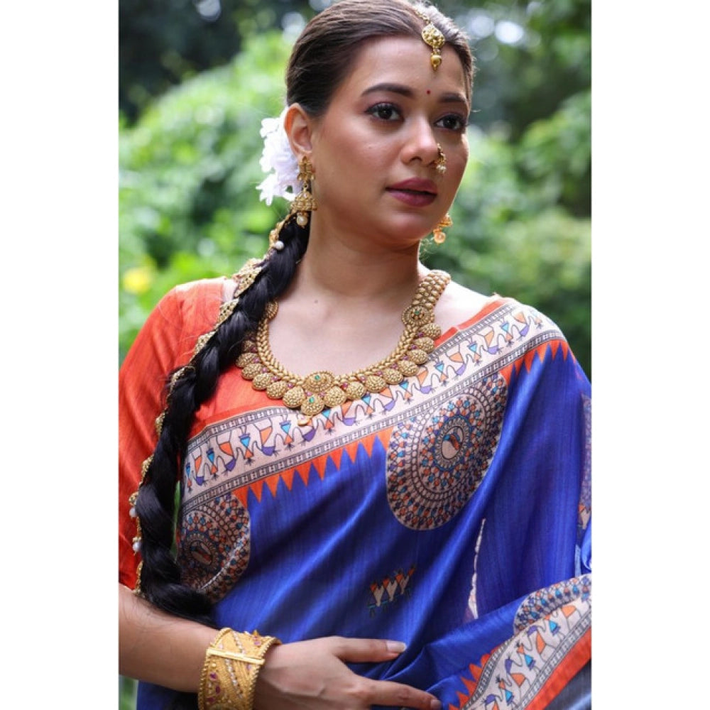 Generic Women's Faux_Tussar_Silk Printed Saree With Unstitched Blouse 5.5Mtr (Navy_Blue)