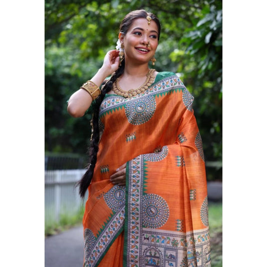 Generic Women's Faux_Tussar_Silk Printed Saree With Unstitched Blouse 5.5Mtr (Orange)