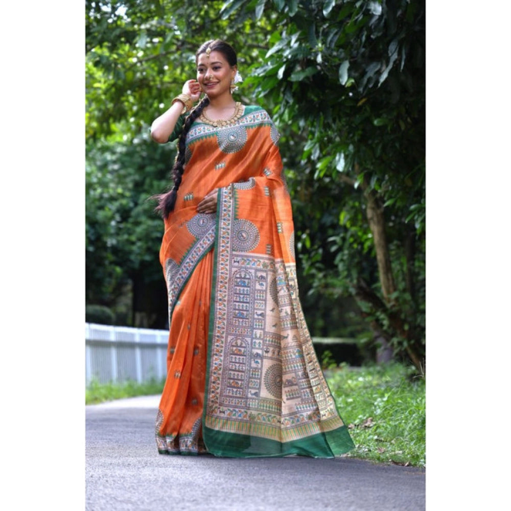 Generic Women's Faux_Tussar_Silk Printed Saree With Unstitched Blouse 5.5Mtr (Orange)
