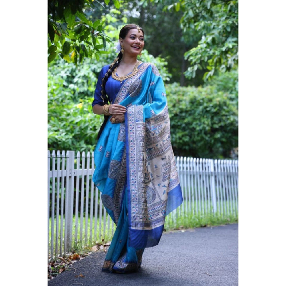 Generic Women's Faux_Tussar_Silk Printed Saree With Unstitched Blouse 5.5Mtr (Teal)