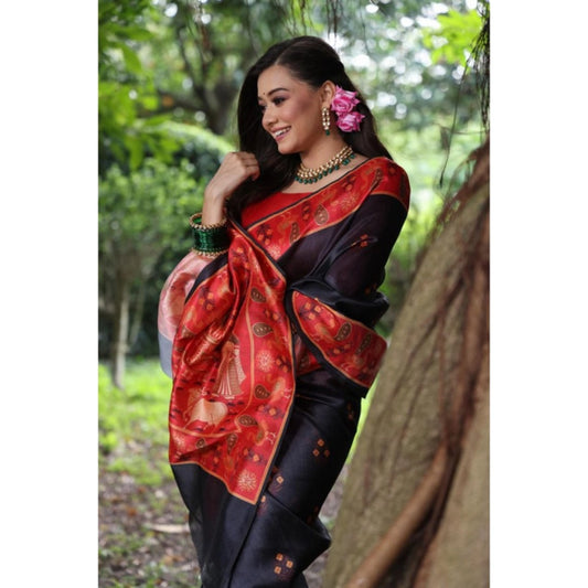 Generic Women's Faux_Tussar_Silk Printed Saree With Unstitched Blouse 5.5Mtr (Black)